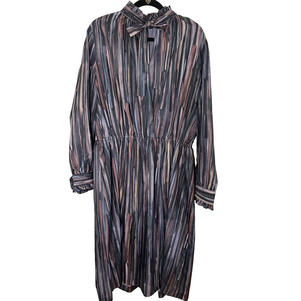 Vintage Handmade Striped Ruffle Neck Dress L Secretary Retro Mod Chic Watercolor